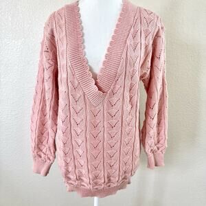 Ellen D Pink Pointelle Knit Sweater Womens Large Cottagecore USA Vintage Acrylic